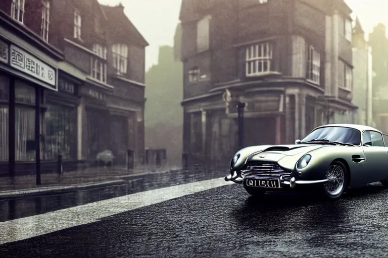 Image similar to a wholesome animation key shot of one focused aston martin db 5, parked on a side of a wet london street, raining, medium range, studio ghibli, pixar and disney animation, sharp, very detailed, octane render, 4 k, high resolution, anime key art by greg rutkowski, dull diffused side lighting