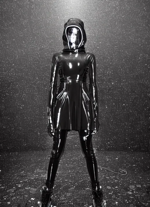 Prompt: found footage of goth rave in abandoned missle silo, ravers wearing ASYMMETRICAL CRYOTHERAPY black and white gradient isolation-hoods, STRAITJACKET straps and industrial hardware, cybergoth, designed by carol christian poell, ann demeulemeester and nancy grossman, 8k, hyperrealistic, highly textured, dark volumetric lighting, desaturated
