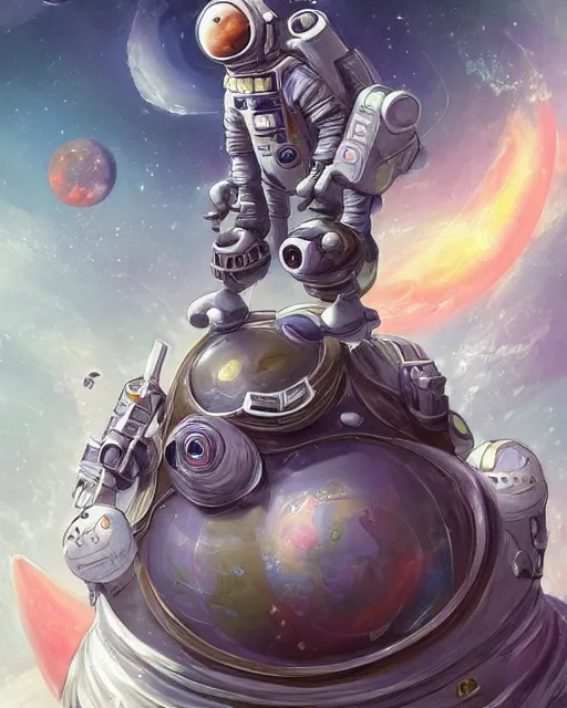 Image similar to wefie of caricature ethereal intricate cosmonaut lie relaxed on a crescent moon between the stars and the planets in outer space, cosmonaut post grunge concept art,high detail,4k, trending on artstation by Yoshitaka Amano, josan gonzalez and tyler edlin