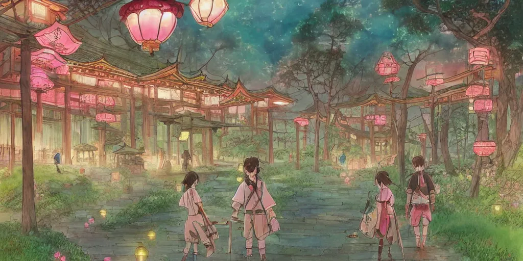 Image similar to bathhouse and nature, japanese, lanterns. watercolor art, expansive cinematic view, volumetric shading, intricate and detailed, highly saturated colors. breath of the wild style, by hayao miyazaki ghibli!!!. pastel!! pink!! accents. trending on artstation. award winning