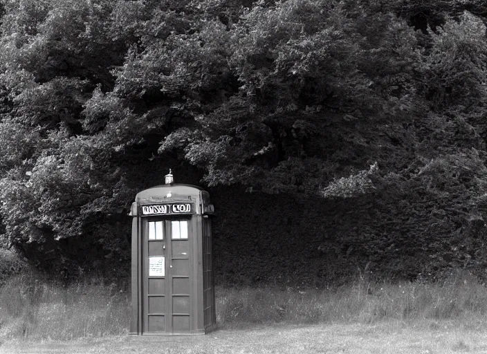 Image similar to photo of a metropolitan police box partially obscured by trees in rural london, police box, tardis, 1936, sepia