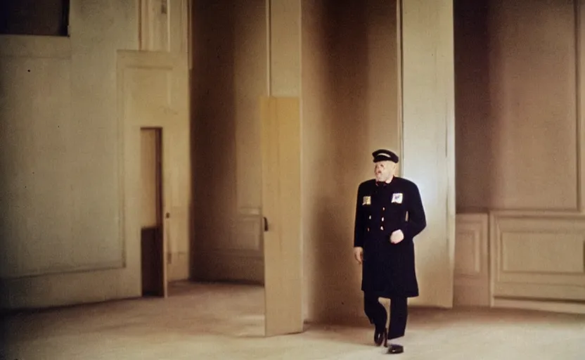 Prompt: 50s movie still close-up portrait of an elder soviet general crossing an empty stalinist hall, by David Bailey, Cinestill 800t 50mm eastmancolor, heavy grainy picture, very detailed, high quality, 4k, HD criterion, precise texture and facial expression