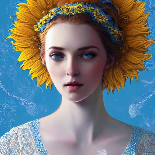 Prompt: blonde lady in white embroidered shirt, ukrainian national costume, filigree crown with blue and yellow textile embroidery sunflowers, intricate, elegant, digital painting, art nouveau, smooth, focus, rim light, charlie bowater, tom bagshaw, greg rutkowski