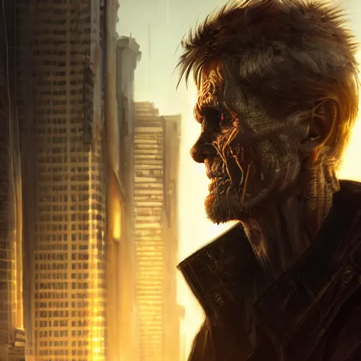 Image similar to closeup portrait of william dafoe, cyberpunk, shaggy ex military guy, city background, dramatic light, gorgeous view, depth, high detail, digital art, painted by greg rutkowski and seb mckinnon, neuromancer, trending on artstation