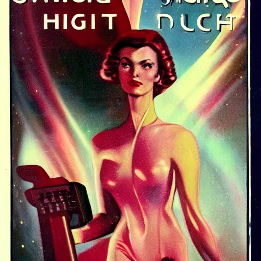 Image similar to vintage sci-fi book cover, high detail, portrait of a beautiful woman, film grain