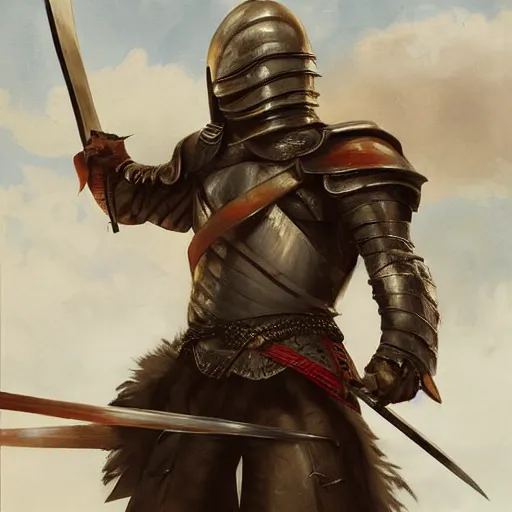 Image similar to realistic painting character portrait young scarred captain knight with a steel breastplate, short brown hair and stubble. straight nose, brown eyes, lean face and build. holding a longsword with a longbow on his back. hyper detailed