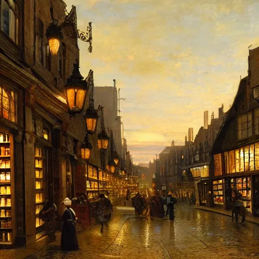 Image similar to Cornelis Springer and Richard Schmid and Willem Koekkoek victorian genre painting painting of an english 19th century english bookshop store front on a stone city streat with shops and stores at night with cozy lights