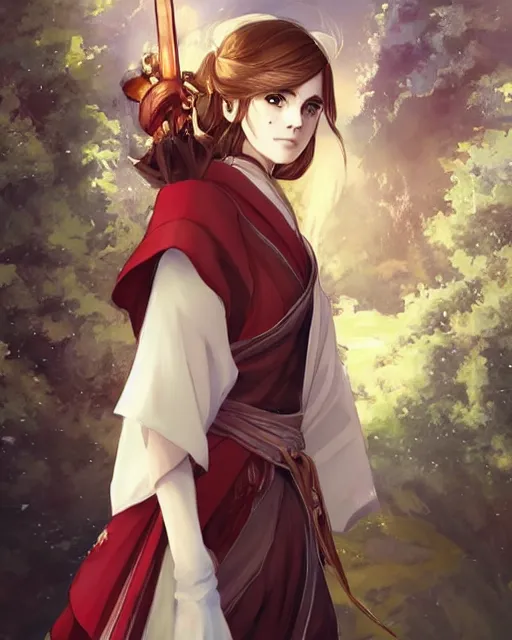 Prompt: An anime portrait of Emma Watson as a beautiful woman wearing a kimono from Skyrim, by Stanley Artgerm Lau, WLOP, Rossdraws, James Jean, Andrei Riabovitchev, Marc Simonetti, and Sakimichan, trending on artstation