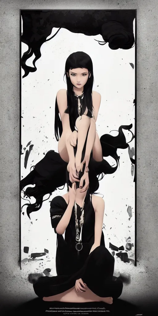 Image similar to character poster of young girl with straight long black hair wearing black dress sitting in bathroom floor, poster by capcom art team collaborating with artgem, greg rutkowski and mario testino