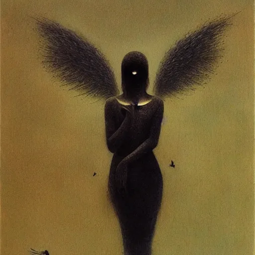 Prompt: bird girl with black wings by Beksinski