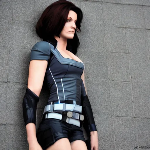 Prompt: Miranda Lawson from mass effect 2, full shot, leaning on a wall