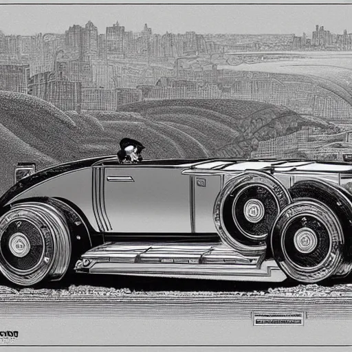 Prompt: art deco futuristic rolls royce as a flying car, style of gustave dore, intricate scrollwork, cityscape, aerodynamic!!!!!!!!