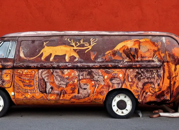 Image similar to painted pattern which figures of ancient hunters mammoths and ancient vw buses, rock cave painting, red ocher, finger painting