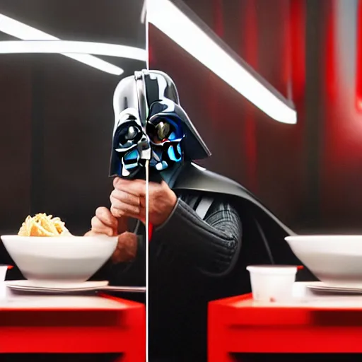Image similar to A still of Darth Vader eating at Big Mac, 4k, photograph, ultra realistic, highly detailed, studio lighting