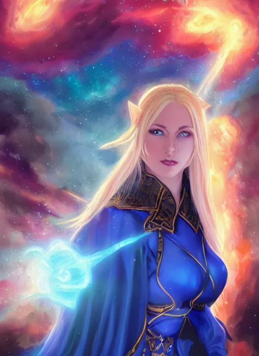 Prompt: blonde female high elf with blue glowing eyes in a multicolored robe, floatiung in front of a nebula, D&D, fantasy, intricate, cinematic lighting, highly detailed, digital painting, Artstation, concept art, smooth, sharp focus, art by Artgerm and Greg Rutkowski, SFW Version