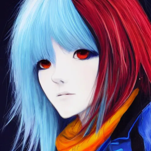 Image similar to full face shot of rimuru tempest, sky blue straight hair, long bangs, with bright amber eyes, wearing a fancy black jacket, high collar, ultra detailed, brush strokes, digital painting, cinematic, wlop artstation, closeup, pixiv, intense, intimidating glare, overpowering, yoshitaka amano, junji ito,