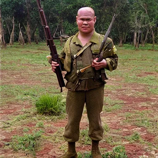 Prompt: Shrek as a soldier in Vietnam, award winning historical photograph