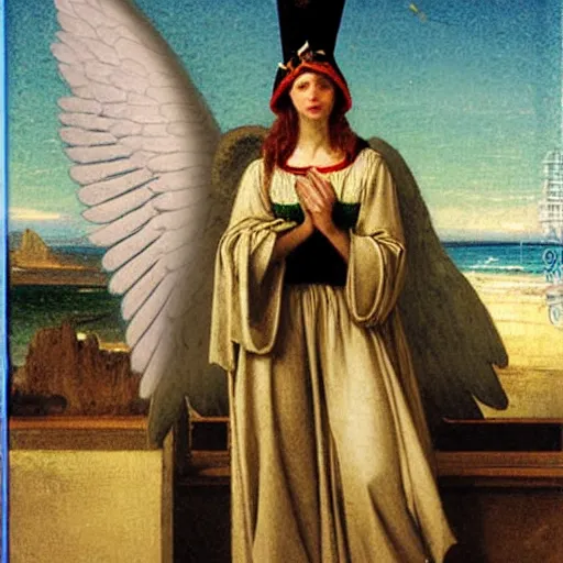 Image similar to An angel with jester hat and clothes on the front of a Balustrade with a beach on the background, major arcana cards, by paul delaroche, hyperrealistic