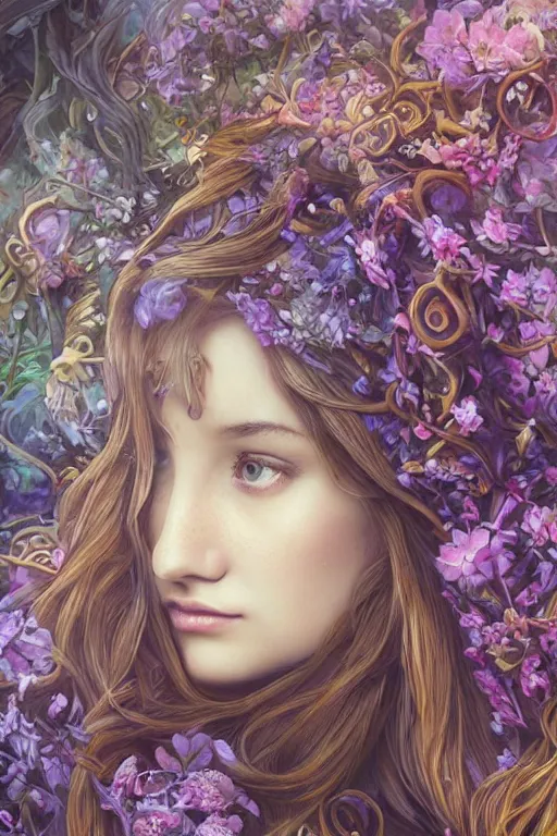 Image similar to elaborately detailed close up portrait of an extremely beautiful girl with long dark hair surrounded by flowers, an eerie mist and ethereal rainbow bubbles, Aetherpunk, high fantasy professionally painted digital art painting, fantasy matte painting movie poster, Art Nouveau, smooth, sharp focus, atmospheric lighting, highly detailed illustration highlights, backlight, golden ratio, 8K detail post-processing, symmetrical facial features, rich deep moody colors, majestic, dark epic fantasy, award winning picture, sense of awe, featured on DeviantArt, trending on cgsociety