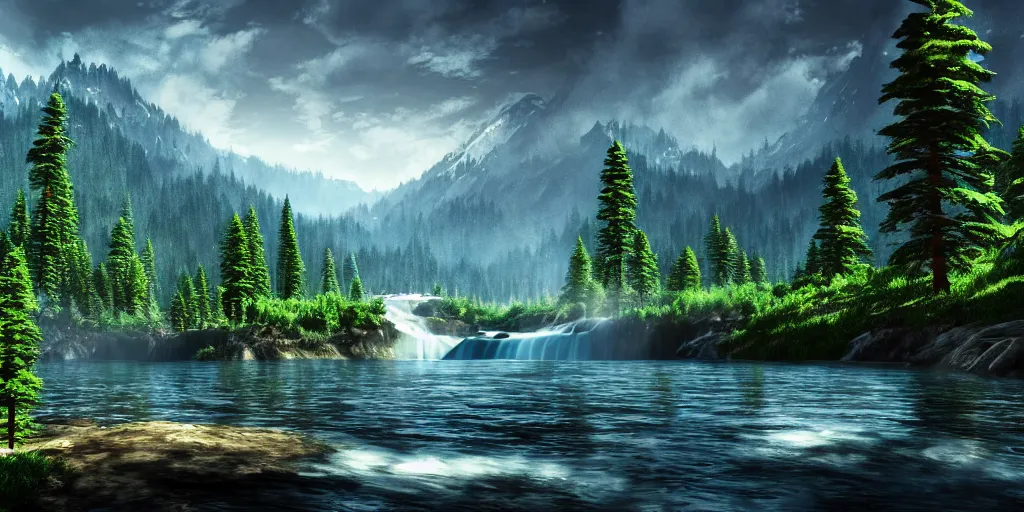 Image similar to epic landscape. mountains. river. waterfall. pine trees. lake. forest. cinematic. epic. high details, photorealistic. concept art. artstation trending. photorealistic. 3 5 mm film.