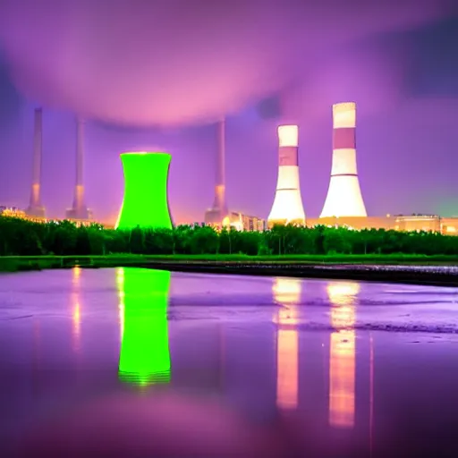 Prompt: nuclear power plant glowing green during a stormy night, award winning photography