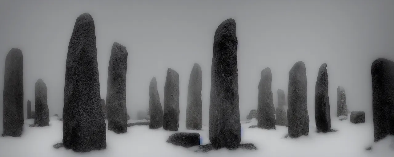 Prompt: a miniature diorama of neolithic standing stones, by sarah moon and joel peter witkin, macro photography, grainy, snow, highly detailed, gloomy and foggy atmosphere, octane render, cinematic lighting tri - x, 8 k, hd