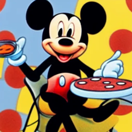 Prompt: Mickey Mouse having tea and pizza.
