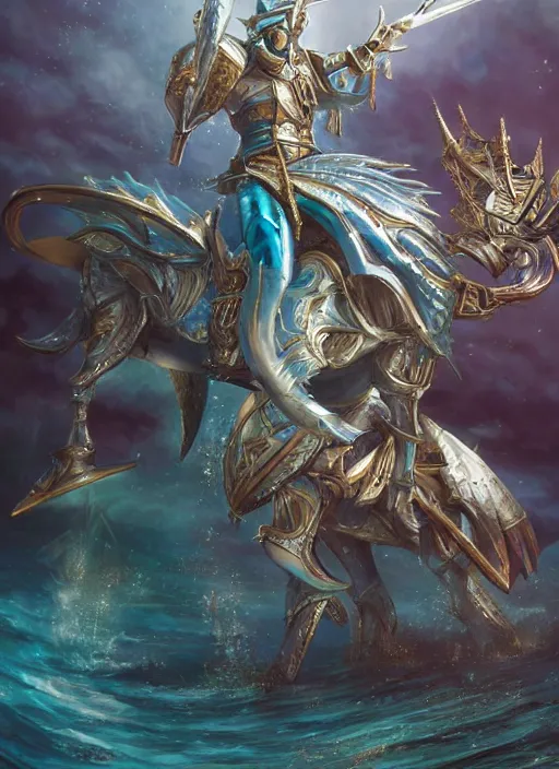 Image similar to an anime portrait of a knightly merfolk riding a fish horse from magic the gathering wearing a ornate detailed armor and an atlantean crown, from skyrim, by stanley artgerm lau, wlop, rossdraws, james jean, andrei riabovitchev, marc simonetti, and sakimichan, trending on artstation