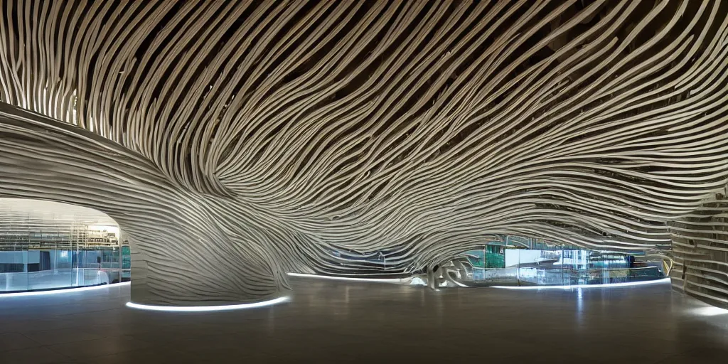 Image similar to extremely detailed stunning curvilinear museum interior with water centered sculpture piece and led strips