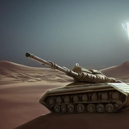 Prompt: futuristic tank in the dunes of desert by Yaroslav Kononenko, atmospherical, sand storm, concept art, high detail, sci-fi, cinematic, Artstation trending, octane render