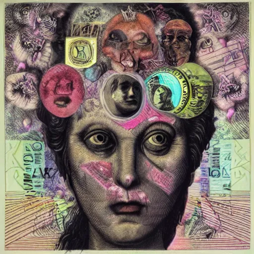 Image similar to post - punk new age album cover, asymmetrical design, frame of dollar bank notes, capitalism, magic, apocalypse, psychedelic, black white pink, magic, giger h. r., giuseppe arcimboldo