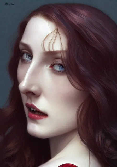 Image similar to sansa angeline jolie gessica chastain vampire teeth, intricate, elegant, highly detailed, digital painting, artstation, concept art, smooth, sharp focus, illustration, art by artgerm and greg rutkowski and alphonse mucha and william - adolphe bouguereau