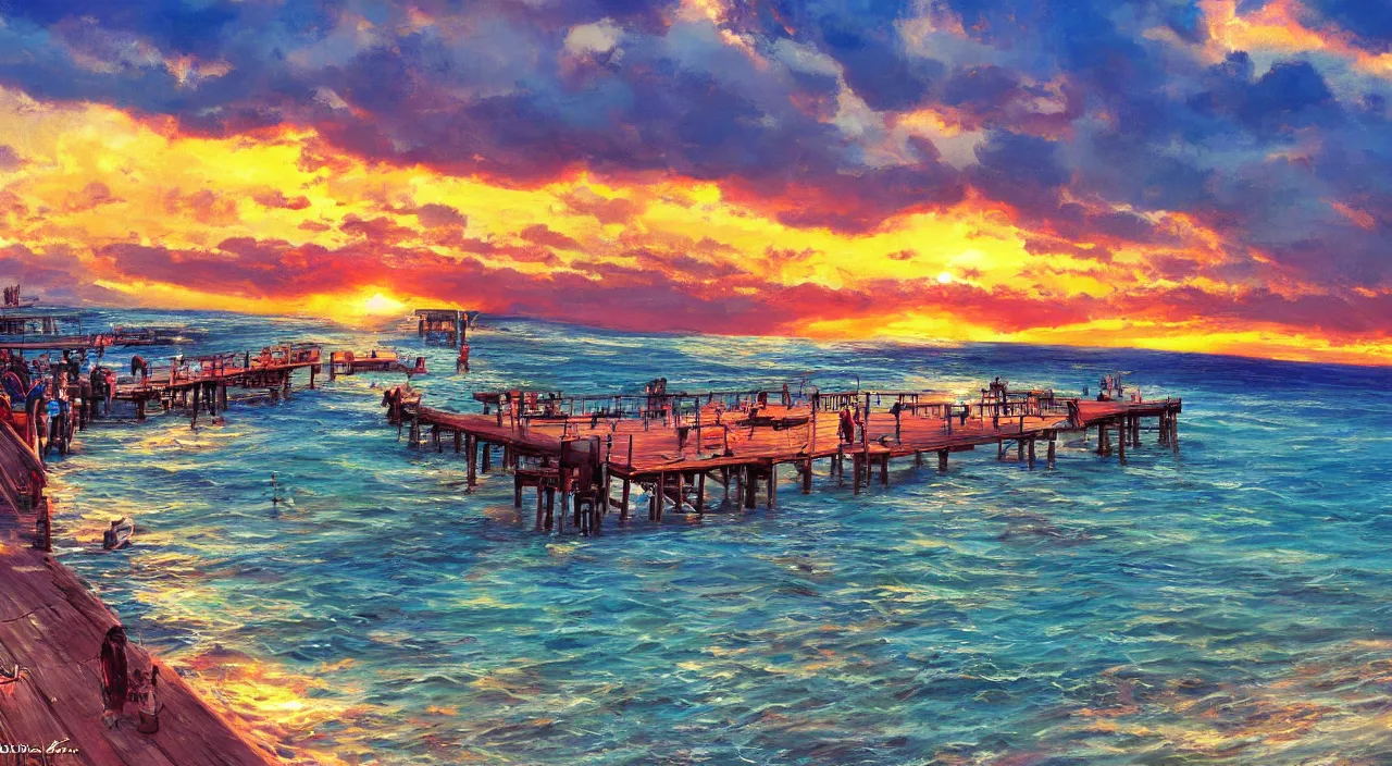 Image similar to ocean side beach sunet sky clouds water pier dock beautiful artstation 4 k breathtaking illustration cartoon by jack kirby artstation concept art matte painting