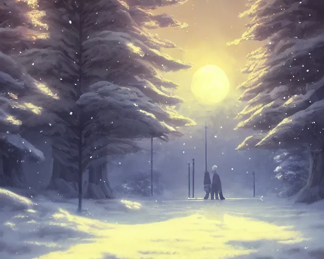 Image similar to scenery artwork, scene beautiful, light!! light essential calm and cozy winter world snow and night, surrealism oil on canvas, artstation!! pixiv!! dream scenery, quality studio ghibli projection render, nier automata concept art, vaporwave textures