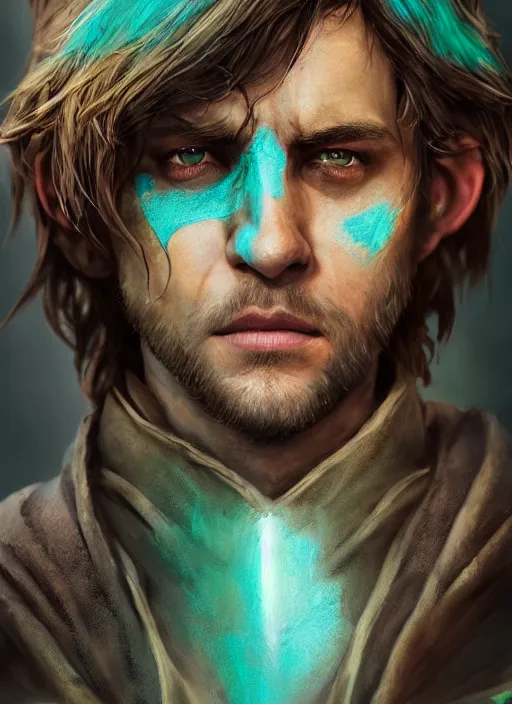 Image similar to A striking hyper real portrait painting of arrogant half-elf ranger, scar on face, shaggy brown hair, scruffy beard, teal tunic, 4k, 8k, Apex Legends Concept Art, D&D Concept Art, unreal 5, DAZ, hyperrealistic, octane render, cosplay, RPG portrait, dynamic lighting