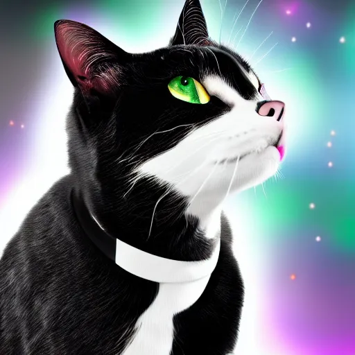 Image similar to Portrait of a beautiful black and white cat wearing tuxedo in space with colorful bright green eyes, medium shot, hd, 8k, hyper-realism, detailed, octane 8k,