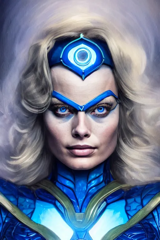 Image similar to majestic and regal portrait of margot robbie female blue lantern, dc universe, perfect face, beautiful, intricate, epic, elegant, fantasy, highly detailed, digital painting, hard focus, beautiful volumetric lighting, epic light, ultra detailed, by leesha hannigan, ross tran, thierry doizon, kai carpenter, ignacio fernandez rios