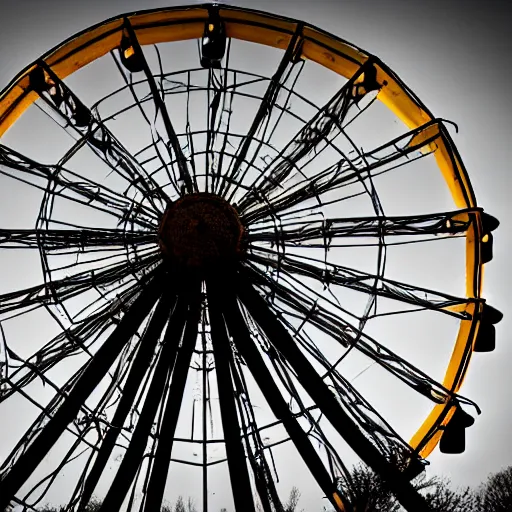 Prompt: an old abandoned rusty ferris wheel, in a town filled with pale yellow mist. Dystopian. Award-winning photo. Sigma 40mm f/1.4 DG HSM