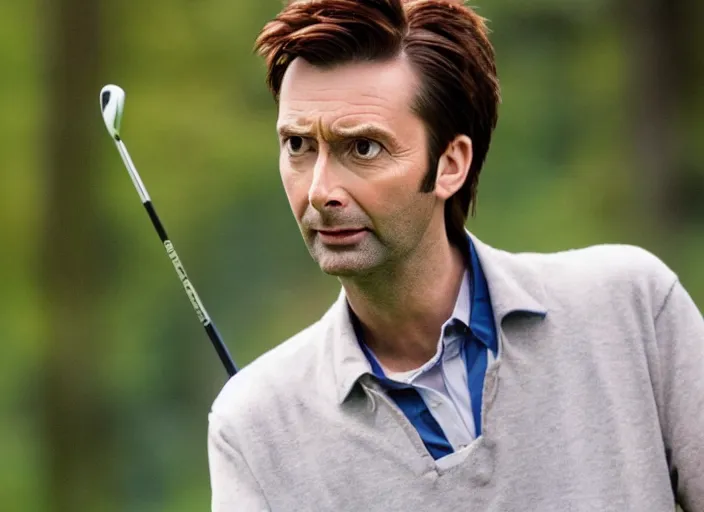 Image similar to promotional image of david tennant as a golfer, detailed face, movie still frame, promotional image, imax 70 mm footage