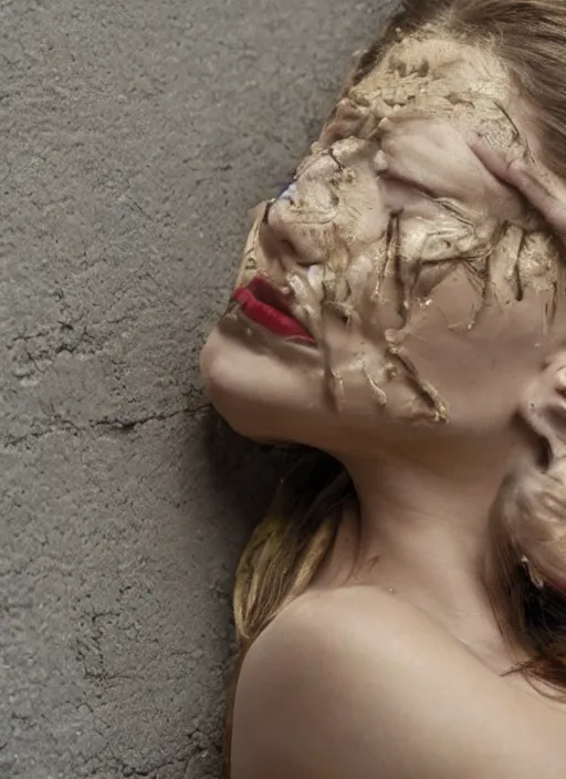 Image similar to movie still of a beautiful woman slumped against a wall unconscious with a alien facehugger on her face, cinematic full shot.