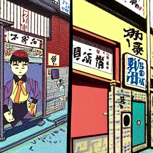 Prompt: salary man in small alley in golden gai in the 8 0 s, vaporwave nostalgia, 8 0 s anime, studio ghibli, sketched by osamu tezuka