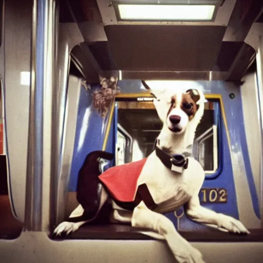 Image similar to a dog wearing a business suit on a subway train, 1 9 7 0 colour photography