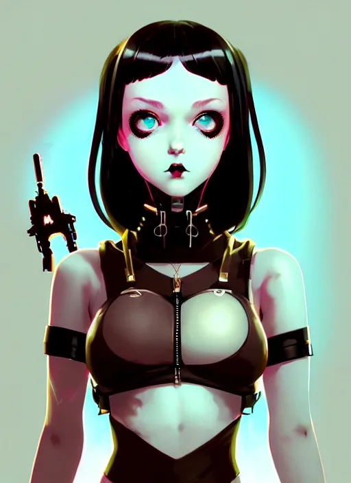 Image similar to portrait of cute goth maiden girl in cyber bikini armor, face by ilya kuvshinov, warhammer, cyberpunk, by atey ghailan, by greg rutkowski, by greg tocchini, by james gilleard, by joe fenton, by kaethe butcher, dynamic lighting, gradient light blue, brown, blonde cream and white color in scheme, grunge aesthetic
