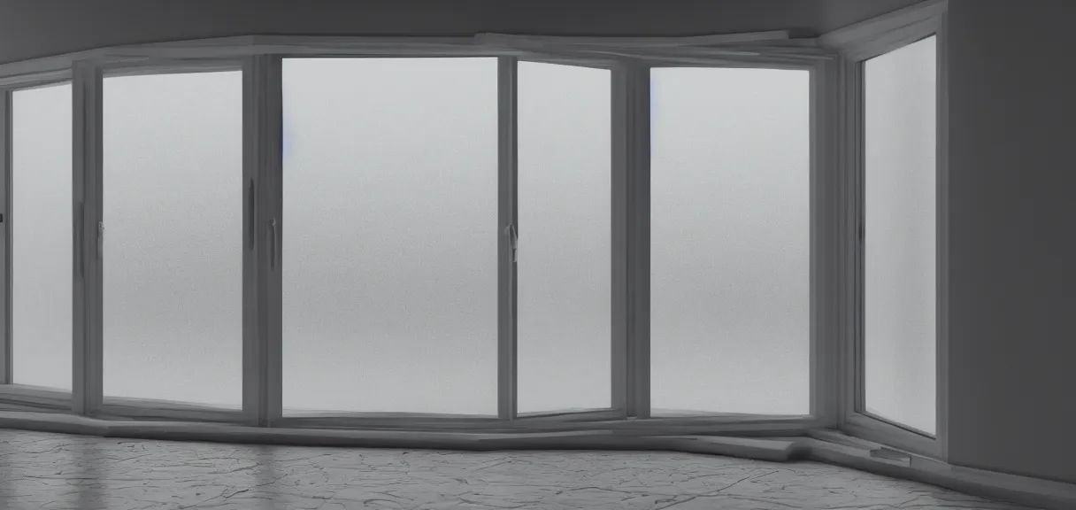 Image similar to aluminum window in the middle of the grey room, 8k render, hypredetail, realistic