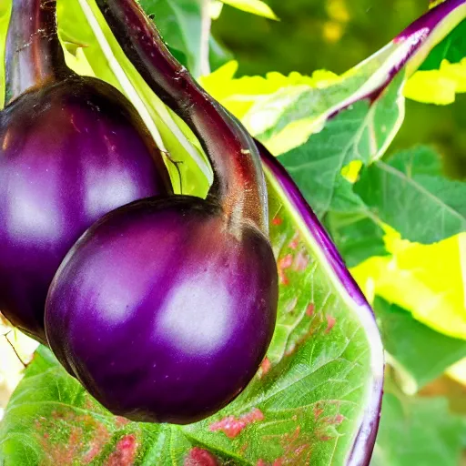 Image similar to an eggplant fruit still on the vine, a bizarre detailed red and purple glowing eggplant