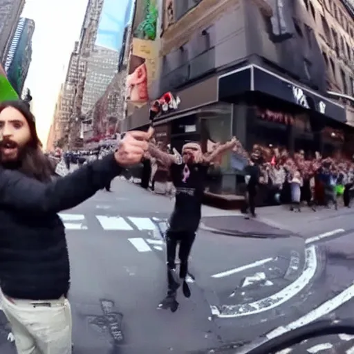 Prompt: bodycam footage of jared leto going crazy pointing a knife at people, new york streets, wide angle, fisheye, uhd, 4 8 0 p, bodycam, paparazzi, bad quality