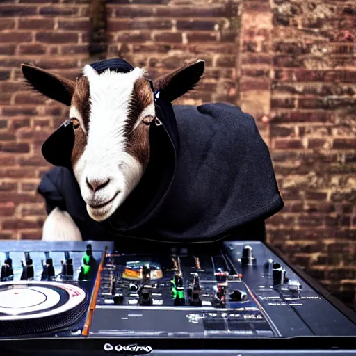 Image similar to a goat wearing a dark hooded cloak on the dj decks