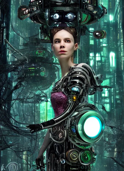 Prompt: 35mm portrait of intricate 7 of 9 borg with eye implant, on the background of a weird magical mechanical forest. Round gears visible inside her hear. Very detailed 8k. Fantasy cyberpunk horror. Sharp. Cinematic post-processing