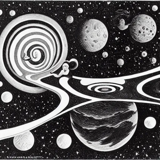 Prompt: Liminal space in outer space by M.C. Escher