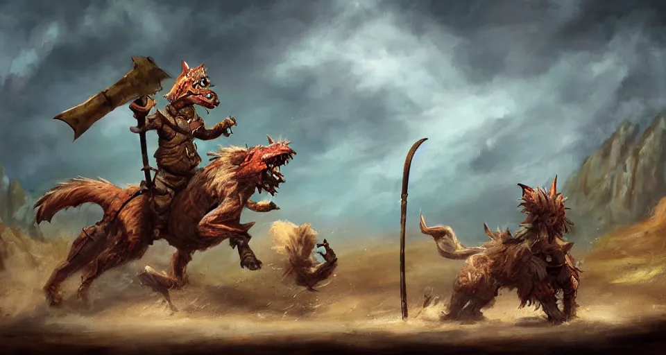 Prompt: Expressive painting of the kobold riding the fluffy dog into battle, rusty fork in hand, dirt spray, sword fighting and flying spears in the background, cinematic, dramatic lighting, dusty atmosphere, low angle